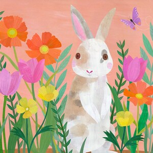 Little Bunny in the Garden | Adorable Art Print for Nursery or Child's Room with Spring Flowers