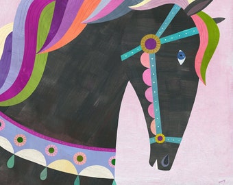 Black Carousel Horse | Giclee Art Print for Girl's Room, Nursery, or Playroom