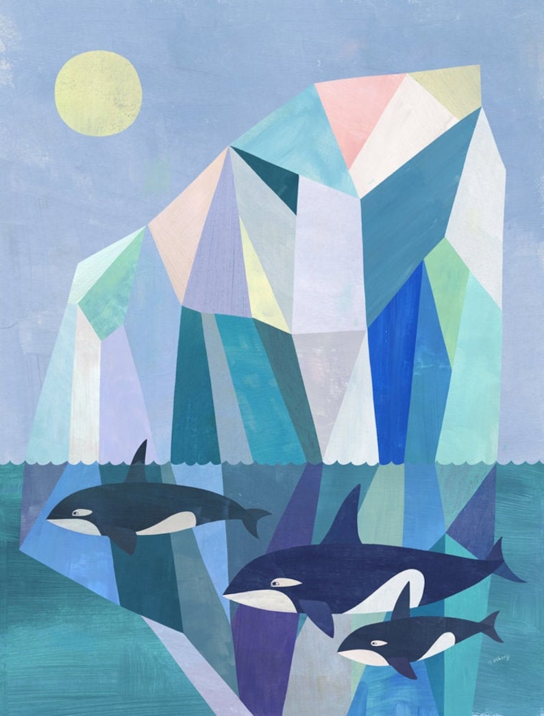 Arctic Adventure Geometric Seascape with Orcas, Giclee Art Print on Paper edge to edge