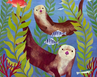 Otters in Kelp | Giclee Art Print for Nursery, Children's Room, Beach House