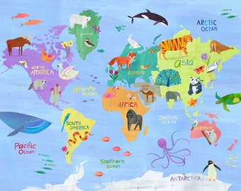 Animals Around the World | Pastel Version of my World Map Art, Geography Print on Paper for Kid's Room, Nursery, or Classroom