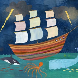 Stormy Seas | Pirate Ship Art Print for Nautical Themed Nursery, Boy's Bedroom, or Beach House