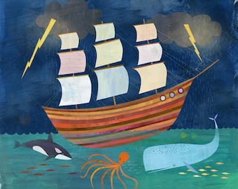 Stormy Seas | Pirate Ship Art Print, Nautical Nursery Decor
