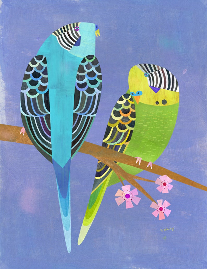Parakeet Pair Bird art print for kids or adults. Available in a variety of easy to frame sizes. image 1