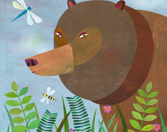 Forest Adventure Bear | Grizzly Bear Art Print, Woodland Animal Series, Nursery Decor