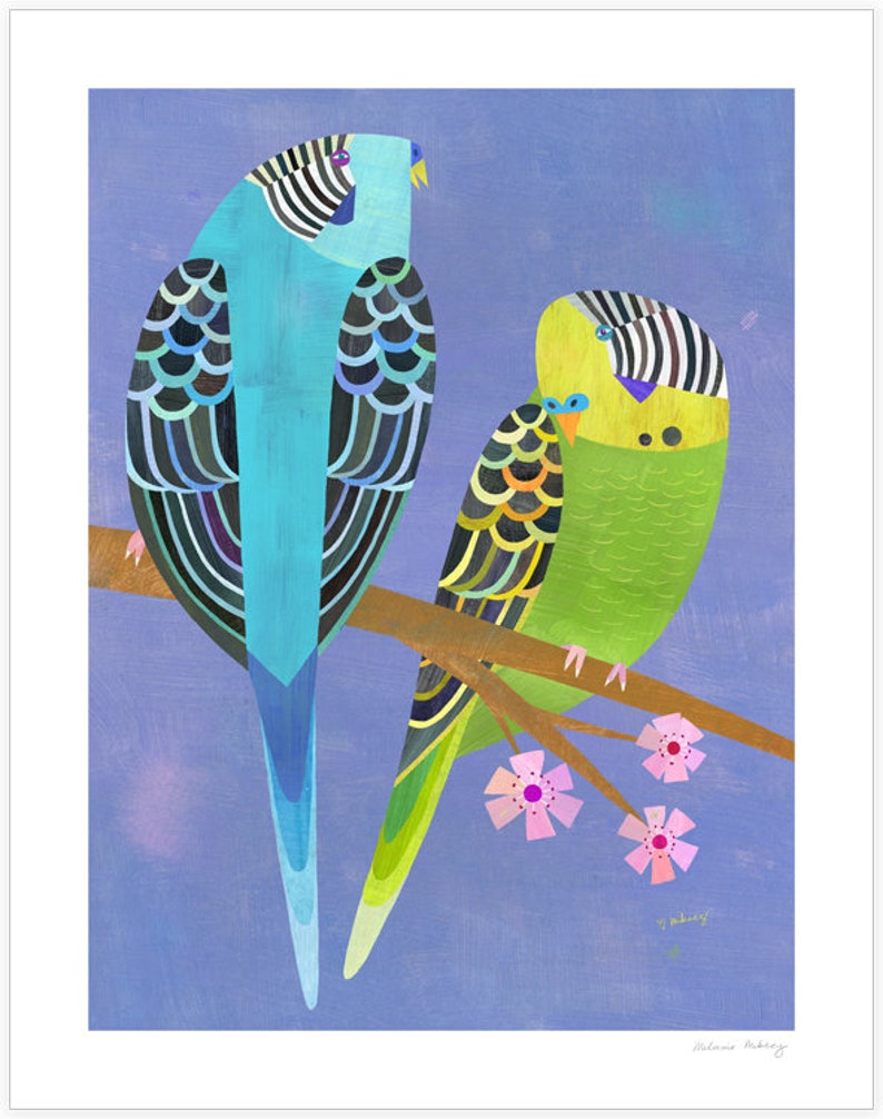 Parakeet Pair Bird art print for kids or adults. Available in a variety of easy to frame sizes. image 2