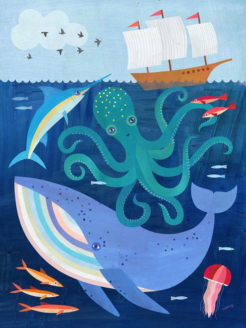 Deep Sea Adventure Giclee Art Print for Nautical Themed Kid's Room, Nursery, or Beach House image 1