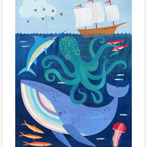 Deep Sea Adventure Giclee Art Print for Nautical Themed Kid's Room, Nursery, or Beach House image 2