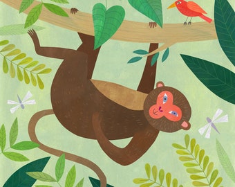 Hey Monkey | Paper Art Print for Kid's Room or Nursery, Unframed Jungle Animal Illustration