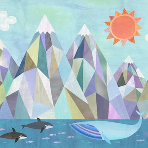 Mountain Adventure by the Sea | Geometric Seascape Art Print, Alaska Nursery Decor