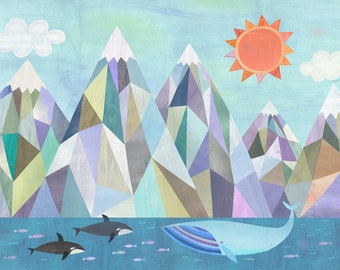 Mountain Adventure by the Sea | Paper Art Print, Geometric Mountain Illustration for Kid's Room or Nursery