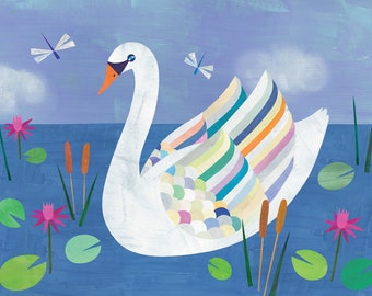 White Swan Illustration | Giclee Art Print for Girl's Room or Nursery, Woodland Themed Art