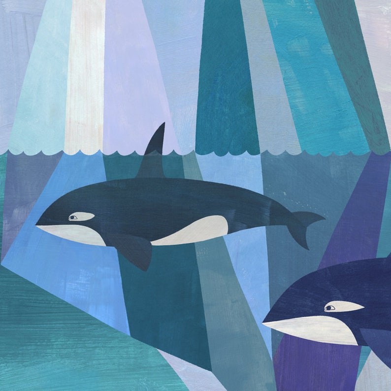Arctic Adventure Geometric Seascape with Orcas, Giclee Art Print on Paper image 3