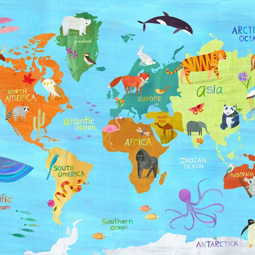 animals around the world map art print geography etsy
