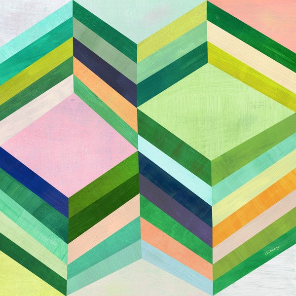 Emerald Stack | Modern abstract print, geometric art, green wall decor.