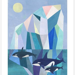 Arctic Adventure Geometric Seascape with Orcas, Giclee Art Print on Paper white border