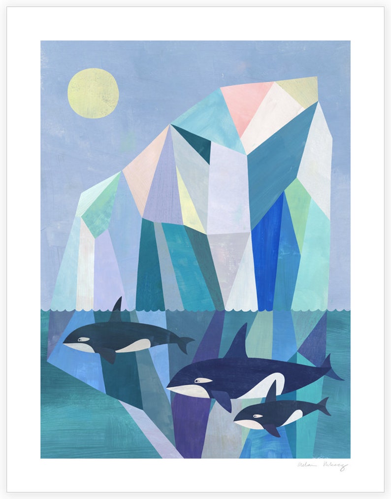 Arctic Adventure Geometric Seascape with Orcas, Giclee Art Print on Paper white border