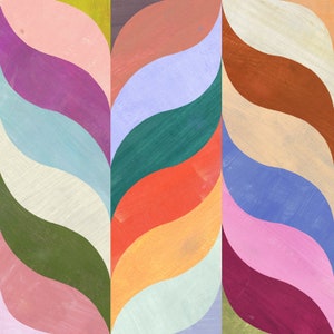 May include: Abstract art print featuring a colorful pattern of curved lines in shades of pink, purple, blue, green, orange, and yellow. The lines are arranged in a repeating pattern, creating a sense of movement and energy.