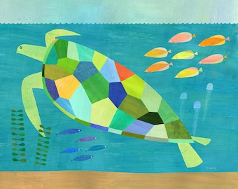 Sea Turtle Swim | Giclee Art Print for Beach House, Ocean Themed Room or Nursery