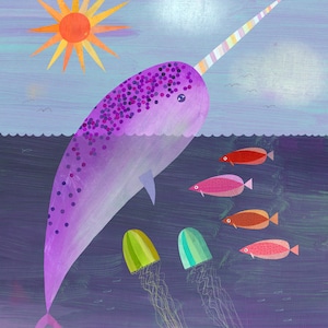 Purple Narwhal, Unicorn of the Sea | Narwhal Art Print for Ocean Themed Room or Nursery, Giclee Paper Print