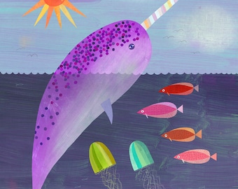 Purple Narwhal | Giclee Art Print, Ocean Nursery Decor