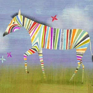 Rainbow Zebra |  Giclee Animal Art Print, Safari Themed Art for Nursery or Kids Room