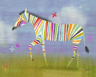 Rainbow Zebra |  Giclee Animal Art Print, Safari Themed Art for Nursery or Kids Room