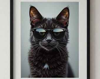 クールな猫のプリント、サングラスをかけた黒猫、面白い動物のウォールアート（デジタルダウンロード）