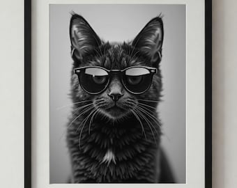 Coole Katze Art Print, schwarzweiße Kitty mit Sonnenbrille (Digitaler Download)