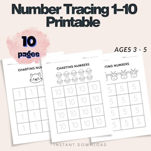 May include: Printable number tracing worksheets for ages 3-5. The worksheets feature numbers 1-10 with animal illustrations. The text on the image says "Number Tracing 1-10 Printable", "10 pages", and "Instant Download".