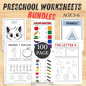 Peut inclure: Ensemble de cahiers d'exercices préscolaires pour les enfants de 3 à 6 ans. Les cahiers comprennent des activités de tri des couleurs, de reconnaissance des chiffres et de traçage des lettres. L'image présente un dessin de chat, un triangle et 100 pages.