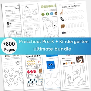 May include: A collection of educational worksheets for preschool and kindergarten featuring tracing activities, letter recognition, counting exercises, and coloring pages with animals and shapes, labeled as an 800-page ultimate bundle.
