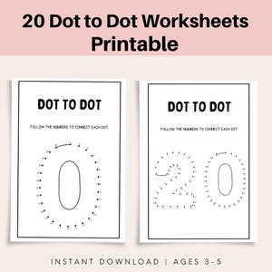 Puede incluir: Dos hojas de trabajo imprimibles de punto a punto con el texto "DOT TO DOT" en la parte superior. Las hojas de trabajo presentan los números 0 y 20, con puntos para conectar. El texto "SIGUE LOS NÚMEROS PARA CONECTAR CADA PUNTO" también está presente. El texto inferior dice "DESCARGA INSTANTÁNEA | EDADES 3-5".