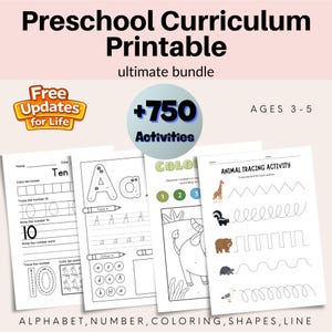 Preschool Curriculum Printable, 750+ Activities Busy Book, Toddler Learning Binder Ages 3-5, Tracing,Alphabet,Numbers,Shapes,Line,Worksheets
