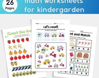 math worksheets for kindergarden – Counting, Addition Activities for Ages 3-5 (Instant Download)