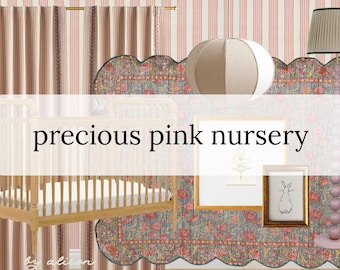May include: A nursery scene with a wooden crib, framed art, and a patterned rug. The text "precious pink nursery" is overlaid on the image. The room features pink and brown striped curtains and a decorative lamp.