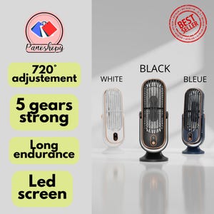 Puede incluir: Tres ventiladores de escritorio portátiles en blanco, negro y azul, cada uno con un diseño vertical, base circular, pantalla LED digital y borde metálico. El texto en la imagen incluye 720 adjustment, 5 gears strong, long endurance y led screen.