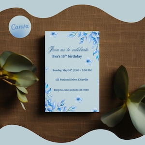 Editable Blue Floral Sweet 16 Birthday Invitation | Aesthetic Digital Invites | Evas 16th Party Template Download