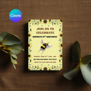 Editable Bee Birthday Invitation | Yellow Bee Theme Digital Party Invite for Kids | Sophia’s 6th Birthday Template