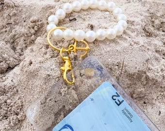 Bracelet pour cartes-clés Cruise pour adultes et enfants • Porte-bracelet avec perles blanches et roses • Bracelet pour clés de chambre Cruise • Alternative pour cordon