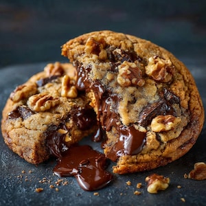 May include: A close-up of a freshly baked chocolate chip cookie, broken in half to reveal a molten chocolate center. The cookie is studded with walnuts and sits on a dark surface. The warm, gooey chocolate is dripping out.