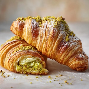 Tarjeta de receta de croissant de pistacho de lujo, guía digital de repostería gourmet, libro de recetas de repostería moderna editable