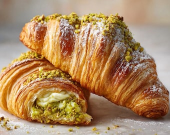 Tarjeta de receta de croissant de pistacho de lujo, guía digital de repostería gourmet, libro de recetas de repostería moderna editable