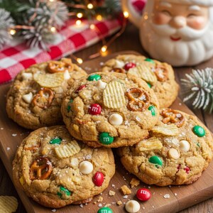May include: Close-up of several large cookies on a wooden board. The cookies are studded with pretzels, potato chips, and colorful candies. White chocolate chips and coarse salt are also visible. A Santa mug is in the background.