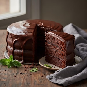 Op de afbeelding: Een rijke chocoladetaart met een glanzende, donkerbruine glazuur. Een stuk van de taart is afgesneden en geserveerd op een klein bord. Verse muntblaadjes zijn bij de taart geplaatst. De taart staat op een houten oppervlak.