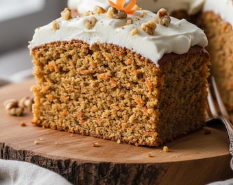 May include: A slice of carrot cake with white frosting and chopped walnuts on top. The cake is on a wooden serving board with a rustic edge. A carrot curl and more walnuts decorate the top.