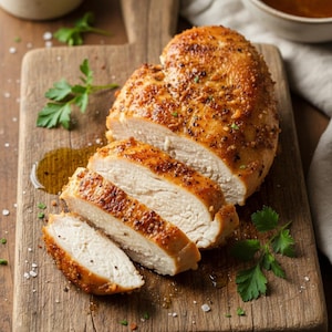 以下が含まれることがあります： 木製のまな板に載った、スライスされたローストチキン。鶏肉は黄金色で、調味料が見え、新鮮なパセリで飾られています。少量の油と少量の塩も見えます。