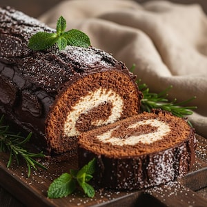 May include: A chocolate Swiss roll cake with a cream filling, dusted with icing sugar and garnished with mint leaves. The cake is sliced to show the spiral filling, on a wooden board.