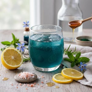 May include: A glass of blue-colored beverage with ice cubes, next to a halved lemon, fresh herbs, and a small dish of pink salt. A wooden spoon drips honey into a small bowl. The drink is likely a refreshing cocktail.