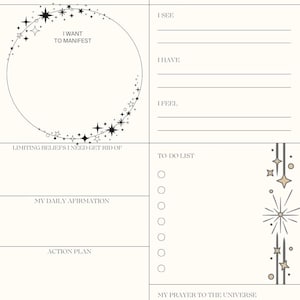 Puede incluir: Un planificador de manifestación color crema con texto negro e ilustraciones de estrellas. El planificador incluye secciones para visualización, afirmaciones y una lista de tareas. El título "MANIFESTATION PLANNER" está en la parte superior.